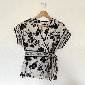 White House Black Market - Black & White Silk Floral Wrap Around Blouse - Size M